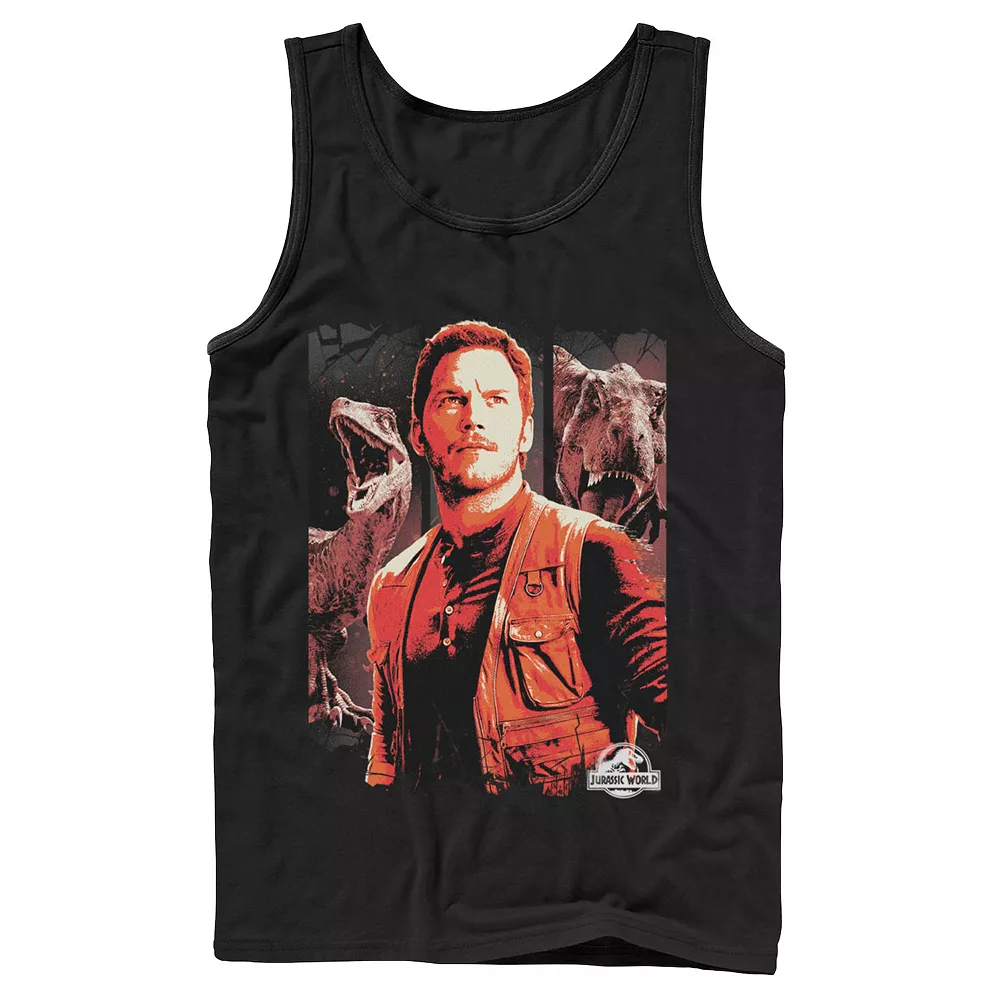 Men's Jurassic World Two Owen and Dinosaurs Red Hue Panel Portrait Tank 3 Men's Jurassic World Two Owen and Dinosaurs Red Hue Panel Portrait Tank